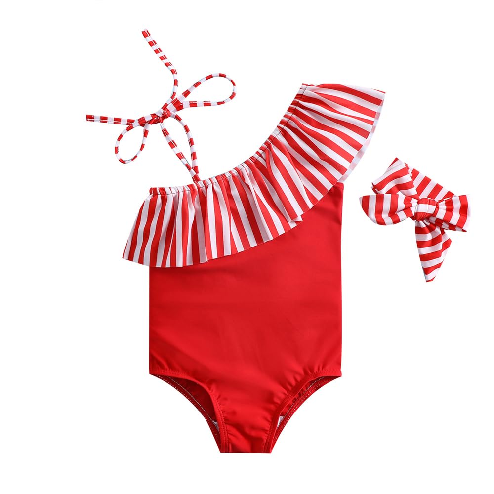 Baby Bucket Girls Asymmetric Ruffled Printed One Piece Swimsuit with Headband-image-14