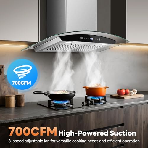 Image of Range Hood 30 Inch, Tieasy Wall Mount Kitchen Hood with Ducted /Ductless Convertible Duct, Stainless Steel Chimney and Baffle Filters, Touch Control Fan Timer, LED Lights, 3 Speed Fan