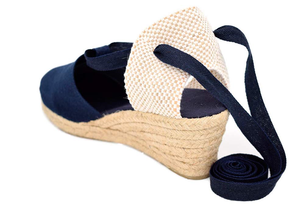 Alpargata Valenciana Cintas CUÑA Yute Playera DE Mujer Lona Lisa Azul