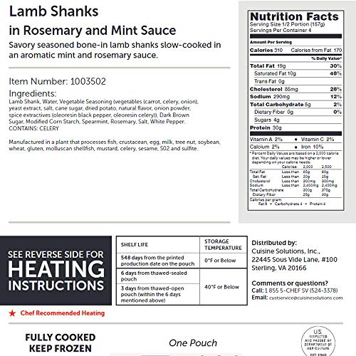 Cuisine Solutions - Fully Cooked Sous Vide - Lamb Shank Rosemary Mint (Two - 10 Ounce Shanks) (2 Servings) - Gourmet Meal Starter