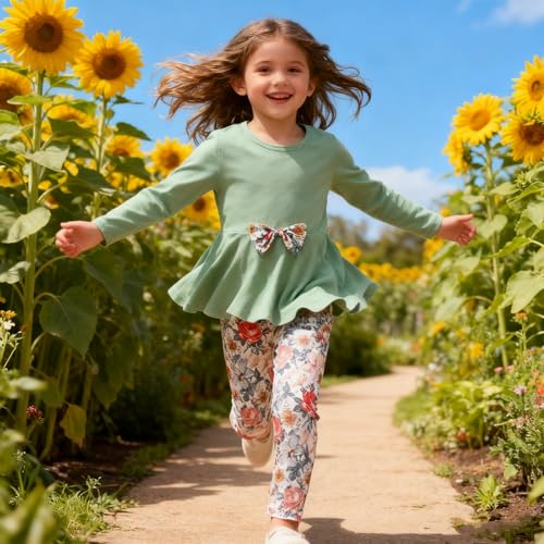 Image of Kids Toddler Girls Clothing Set Long Sleeve Top With Bowknot ＋Floral Print Pants 2 Pcs Fall Outfits Set