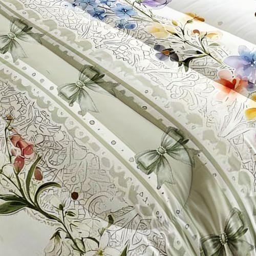 Image of AILONEN Colorful Floral Comforter Set Queen Size, Cottagecore Aesthetic Bowknot Bedding with 2 Pillowcases,3Pcs