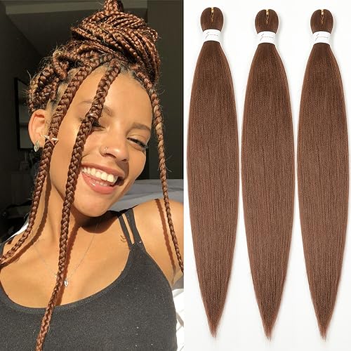 Brown Braiding Hair 26 Inch Pre stretched Braiding Hair Extensions Yaki Braids Hair Hot Water Setting Synthetic Hair Colored Braiding Hair Pre stretched Crochet Hair(26Inch 3 Packs 30#)