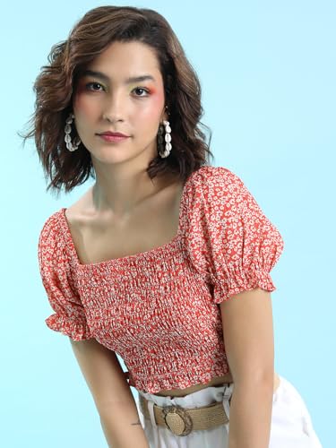 Image of Tokyo Talkies Women's Floral Print Puff Sleeve Crop Top | Cinched Waist | Chic & Feminine | Perfect for Brunch & Casual Outings | Tops for Woman | Women Tops | Women Crop Top