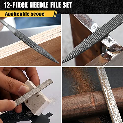 12PCS Needle File Set with Tool Bag, Small File Set Includes 6pcs Jewlers Files & 6 Steel Files for Metal, Jewlers, Wood, Leather and Plastic