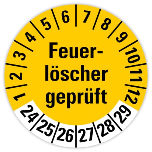 25x Prüfplaketten „Feuerlöscher geprüft 2024-2029' auf Bogen Folie, Gelb | Ø 20-30 mm Made in Germany, Größe: Ø 30 mm