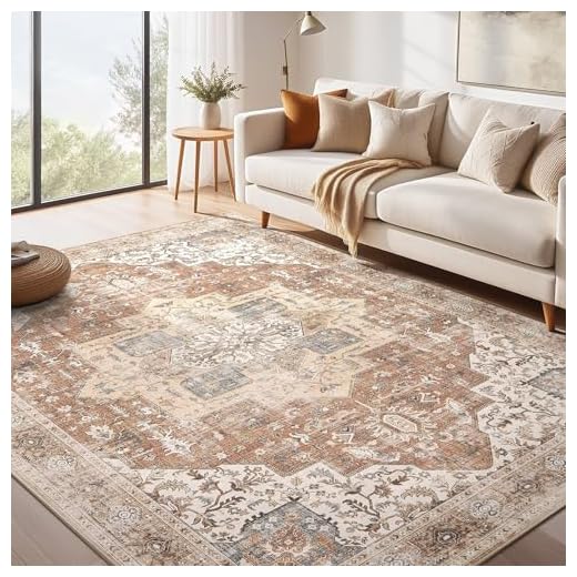 Washable Rug 9x12 Area Rugs: Boho Vintage Distressed Oriental Medallion Neutral Thin Large Rug Carpet for Living Room Bedroom Dining Room Home Office Decor - Brick Red