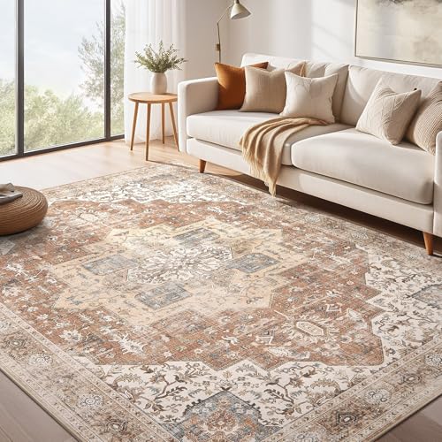 Washable Rug 9x12 Area Rugs: Boho Vintage Distressed Oriental Medallion Neutral Thin Large Rug Carpet for Living Room Bedroom Dining Room Home Office Decor - Brick Red