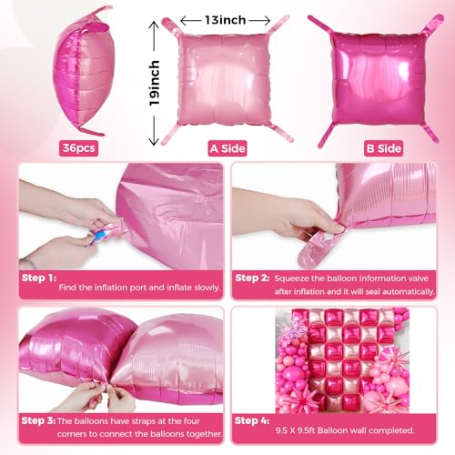 Image of 36pcs Hot Pink and Pink Square Foil Balloons Wall Backdrop with 147pcs Balloon Garland Arch Kit, Double Sided Balloon Tunnel for Anniversary Bachelorette Birthday Valentines Party Decorations