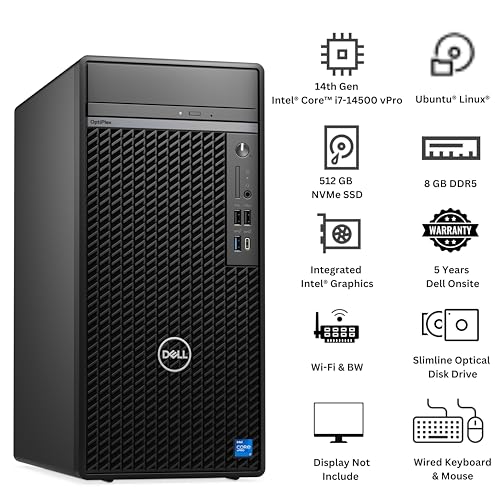Image of Dell OptiPlex 7020 Plus Mini Tower (MT)- Intel Core i7 14th Gen | 8 GB DDR5 | 512 GB SSD | Ubuntu or Dos | 5 Years Dell Onsite Warranty | Wi-Fi & Bluetooth | DVD±RW | No Monitor
