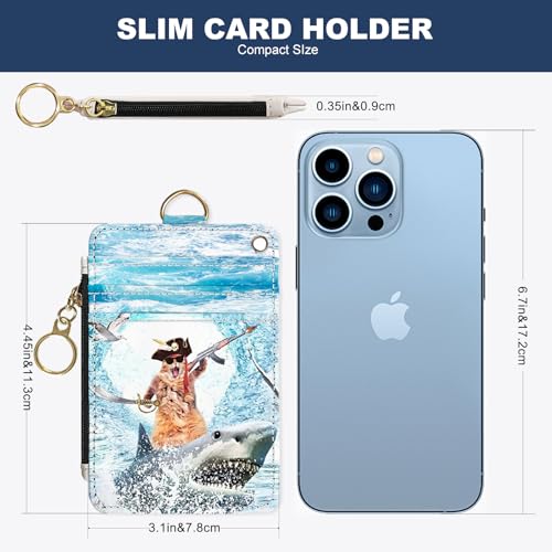 Slim Wallet Credit Card Holder, Sharks and Cats, RFID Wallet Women Cute Small Front Pocket Wallet With Zipper, PU Leather Thin travel RFID Blocking Card Case ID Window,Ladies Gifts3