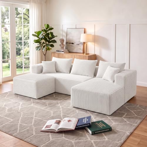 Image of 93 inch U-Shaped Boneless Couch, Corduroy Cloud Couch Sectional with Chaise and Ottoman, Deep Seat Modular Sectional Sofas for Living Room, No Assembly - Beige (Right Facing Chaise)