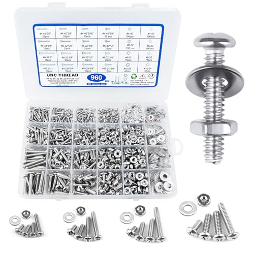 960PCS Pan Head Nuts and Bolts Assortment Kit, #4-40#6-32#8-32#10-24 Stainless Steel Machine Screw Assortment Kit, 304 Stainless Steel Assorted Bolts and Nuts Kit with Flat Washers
