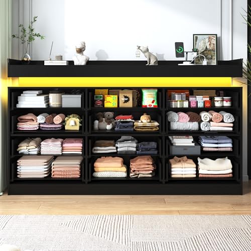 Image of jiteentarou 12 Drawer Dresser with Charging Station and LED Lights, Modern Chest of Drawers with Power Outlet, Organizer Cabinet for Bedroom, Living Room, Entryway, Black