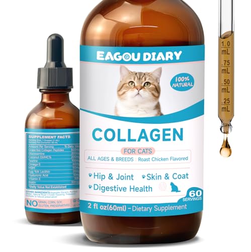 Collagen for Cats - Hip and Joint Supplement, Digestive & Immunity Support, Skin & Coat Health, Liquid Collagen for Cats with MSM, Glucosamine, Coconut Oil, Vitamin E, Roast Chicken Flavored, 60ml