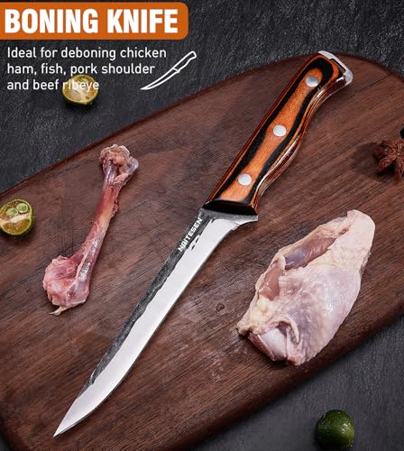 4PCS Hand Forged Butcher Knife and Kitchen Knife 2 in 1 Set, Heavy Duty Meat Cleaver Serbian Chef Knife Breaking Knife Boning Knife for Meat Cutting BBQ Gifts for Men Women - Image 6