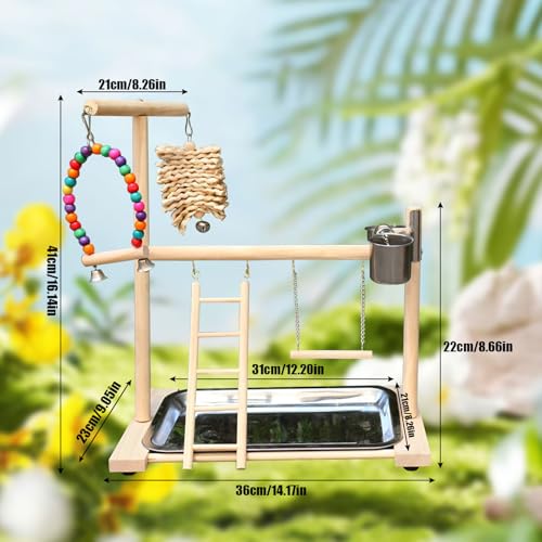 Image of Bird Stand, Natural Wood, Parrot Playground with Removable Tray & 2 Stainless Steel Feeder Cups, Suitable for Parakeet, Conure, Cockatiel, Lovebird, Canary, Lorikeet & African Grey