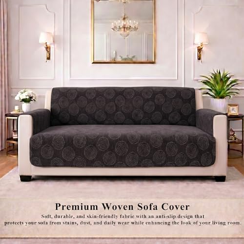 Image of STITCHNEST 'Opulence Series' Floral Woven Sofa Cover for 1 Seater | Premium Soft Fabric Sofa Protector | Black Circular Pattern with Tassel Edge Finish | Durable Living Room Furniture Cover