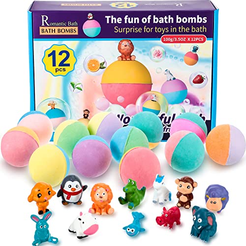 12 Pieces Bath Bombs for Kids with Toys Inside Organic Bubble Bath Fizzies with Animal Toys Kids Bath Balls Fun Assorted Colored Bath Fizz Balls Safe SPA Fizz Bombs for Kids Women Bath Party Favor