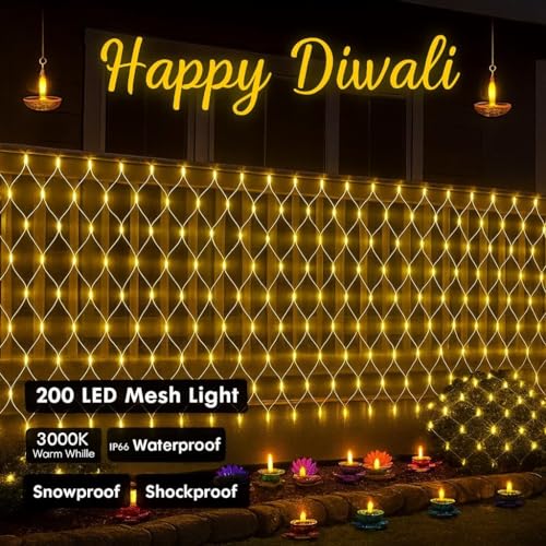 Image of K DK D 10 FT X 10 FT Net Mesh Light - 200 LED Warm Yellow Waterproof Serial String Light with Remote & 8 Modes | Mesh Curtain Lights for Balcony, Garden, Patio, Indoor Outdoor, Diwali Decoration