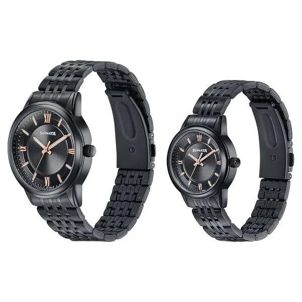 Image of Sonata Wedding Edit Quartz Analog Black Dial Stainless Steel Strap Watch for Pair