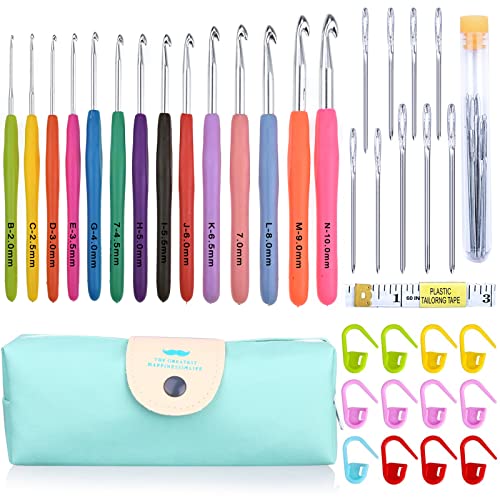 Crochet Hooks Set 14 Pcs Ergonomic Soft Grip Handles Large-Eye Blunt Knitting Needles Kit with Case for Arthritic Hands 2mm(B)-10mm(N) Extra Long Plus Knit Needles Weave Yarn Set