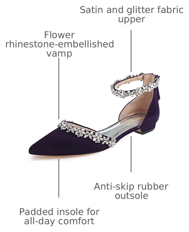 Image of XYD Women Classic Pointed Toe D'Orsay Wedding Flat Sandals Sparkly Rhinestones Ankle Strap Low Heel Dress Shoes with Zipper