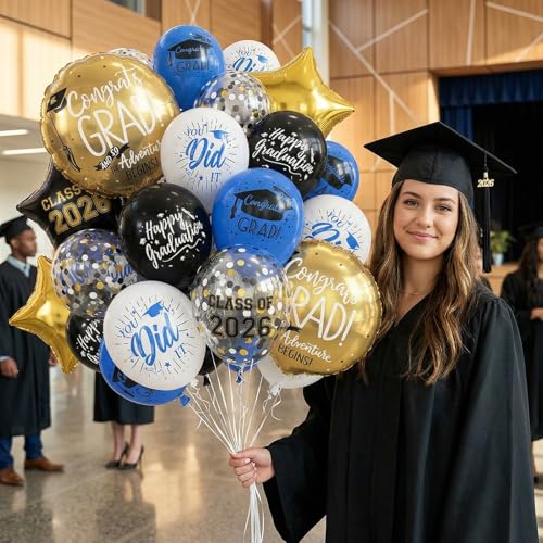 Image of HILAVO Blue and Black Graduation Balloons 2026 Graduation Decoration 18 In Grad Foil Balloon Royal Navy Blue Black White Print Balloon for Class of 2026 Congrats Grad Party Decor College High School