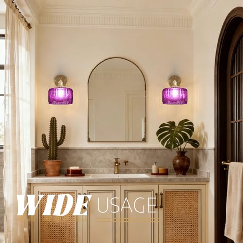 Image of Globe Glass Wall Sconce Purple Antique Vanity Light Striped Shade | Modern Vintage Decor Wall Light 6.7 inch Glass Shade Hardwired 1 Light E26 Base,Gold Brass Finish,Mirror,Living Bedroom,Hallway