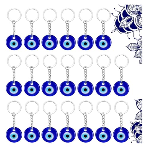 Chuangdi 20 Stücke Türkisch Blau Böses Auge Schlüsselbund Reize Anhänger Bastelglas Schlüsselbund mit Schlüsselring Hängenden Ornament Schmuck Zubehör Amulett für Viel Glück