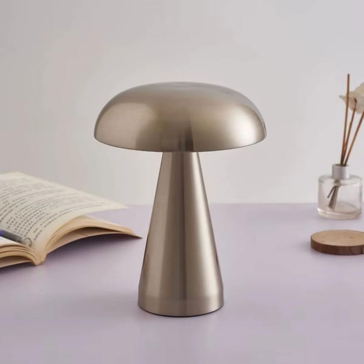Luminária Abajur de Mesa Cogumelo Metálico LED, Sem Fio, Quarto Restaurante, Recarregável