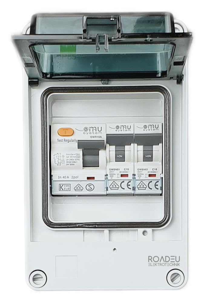 RoadEu - Quadro Elettrico Di Distribuzione - Interruttore automatico C10A e C16A, magnetotermico differenziale 40A 30mA 2P tipo A/AC, IP65 perfetto per il garage, il capanno o il giardino