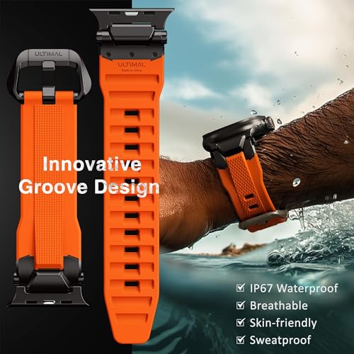 Image of ULTIMAL Rugged Band for Apple Watch Ultra 3 /2 /1 49mm, Series 11 /10 /9 /8 /7 /6 /5 /4 SE 46mm /45mm /44mm, Waterproof, Soft TPU Strap with Stainless Steel Buckle & Connectors, Sweat-Resistant, Easy to Clean, Fits 155-225mm Wrist (Black /Orange)