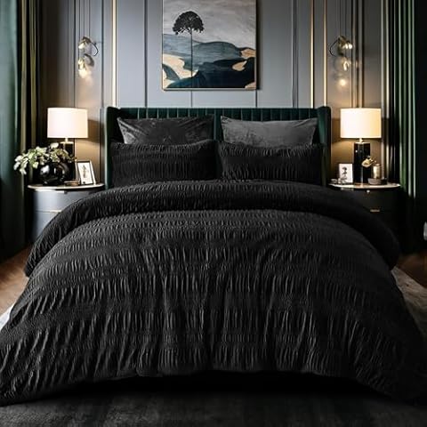 PHF Luxury Velvet Comforter Set King Size, 3 Piece Ultra Soft Seersucker Ruched Bedding Set, Fluffy Textured Breathable Sherpa Fleece Comforter Set with 1 Comforter, 2 Pillow Shams, 104"x90", Black Cover