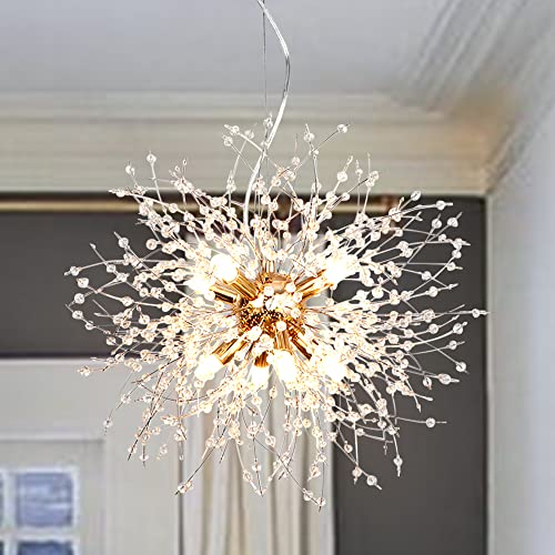 LynPon Lampara Araña Dorada Sputnik de 8 Luces Ø40CM, Lamparas Techo Cristal Vintage para Dormitorio, Sala de Estar, Cocina, Base G9(Sin Bombilla)