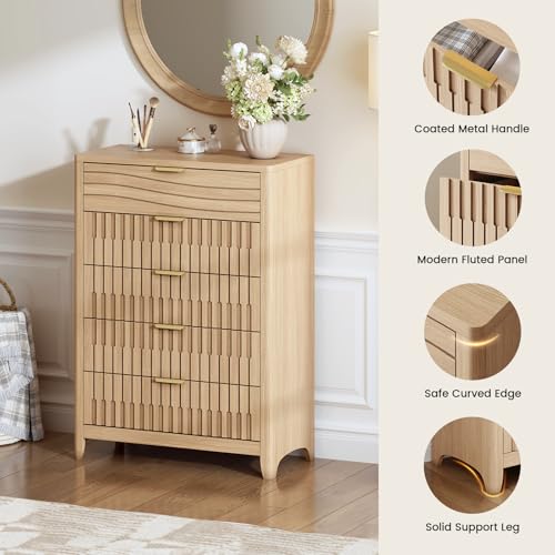 Image of Fluted 5 Drawers Dresser for Bedroom, 44'' Tall Wooden Chest of Drawers with Metal Handles, Modern Dresser TV Stand, Wood Clothing Storage Organizer for Living Room, Entryway, Natural Oak