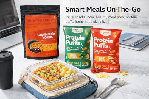 Image of Grainfully Yours Healthy Pizza & Protein Snack Combo - Pizza Flour Mix, Protein Puffs Lemon Pudina & Cheesy Tomato, Plant-Based, High Protein, Roasted Snacks, No Preservatives, No Refined Flour