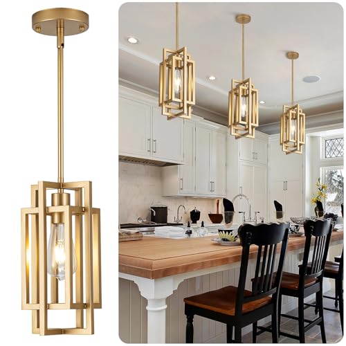 HFYOXK Farmhouse Pendant Light Fixtures, Gold Modern Pendant Lights 59'' Adjustable Small Square Pendant Ceiling Hanging Light for Kitchen Island Dining Room Entryway