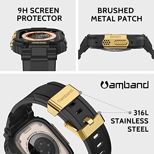 Image of amBand Compatible with Apple Watch Ultra 3 /2 /1 Bands for Men, M1 Sport Series Heavy Duty Case Tactical Strap and Screen Protector, Protective Cover Fits iWatch Ultra Bands for Men 49mm - Black Gold