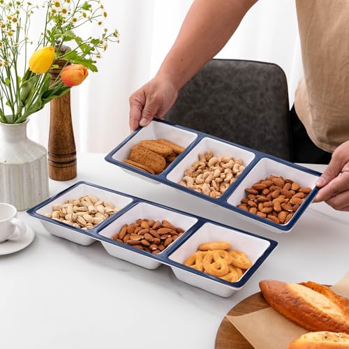 Unbreakable 3-Compartment Serving Trays, 14.75”x 6” Melamine Platter Set of 2