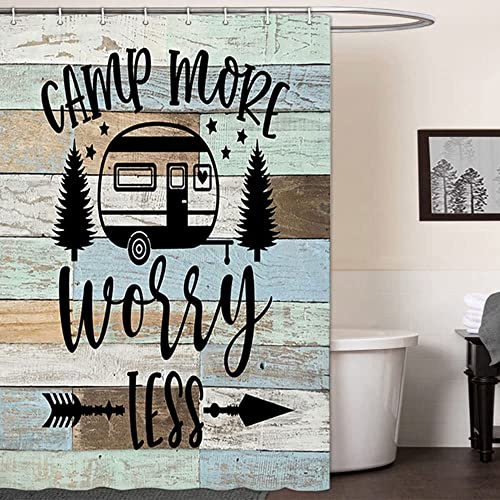 Image of Boziqr Camper RV Shower Curtain Travel Trailer Bathroom Accessories Decor Country Wooden Board Farmhouse Rustic Camping Shower Stall Curtains 48x72 Inches