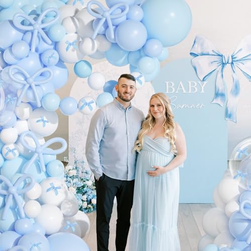 Image of Blue and White Balloon Arch Kit, JOGAMS 199Pcs Bow Balloon Arch Kit with 260 Clear Balloons Blue Ribbon for Blue Bow Birthday Decorations Bachelorette Baby Shower Bridal Shower Wedding