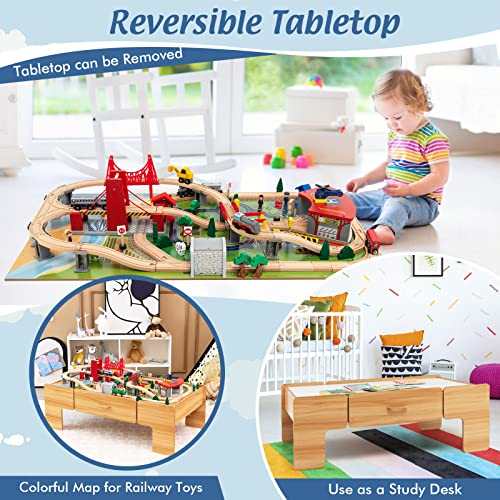 Image of Costzon 2-in-1 Wooden Train Table with Storage Drawer | Kids Activity Table w / 100 Pieces Railway, Track, Cars, City, DIY Design, Reversible Tabletop, Gift for Boys Girls