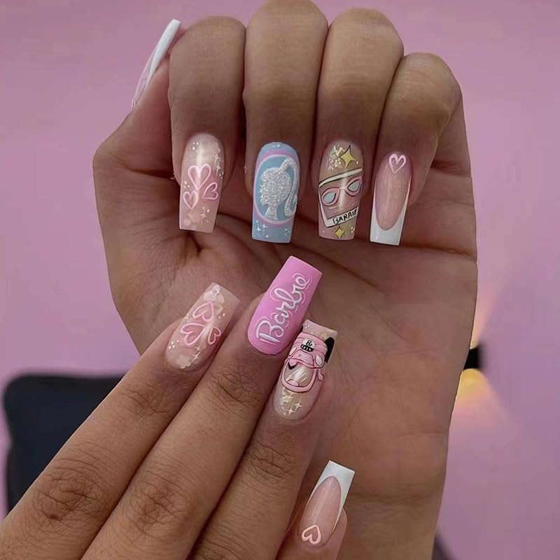 Kyiesh Decorative 24pcs Press-On Nails, Colourful Design, Hearts Pattern, Long Coffin Shape, Reusable and Unbreakable Stick-on Nails for Women with Easy Glue Tab application-picture-45