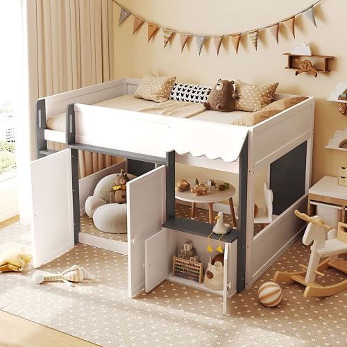 Image of Full House Loft Bed with Playhouse & Storage, Modern Wood Cabin Bed for Kids /Teens (White+Gray)
