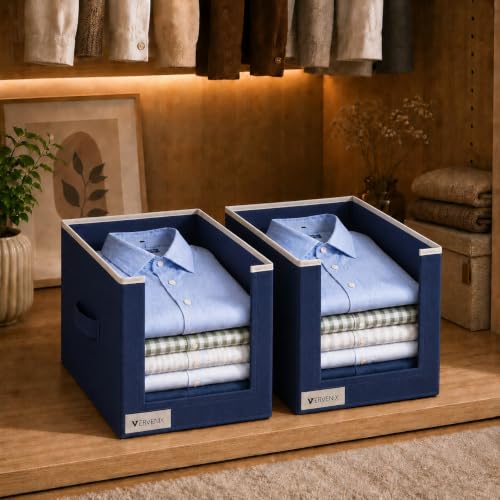 Image of VERVENIX Shirt Stacker Set of 2, Non Woven Foldable Clothes Storage Organizer with Handle, Wardrobe Closet Organizer, Space Saving Cloth Organizer for T-Shirts, Shirts, Jeans, Blue