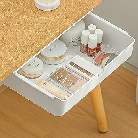 FRETONBA Under Desk Drawer, Storage Box, Self-Adhesive Organiser for Office, Hidden Drawer Box, White Cover