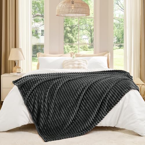 Image of BEDELITE Fleece Blanket Twin Size - 3D Ribbed Jacquard Soft and Warm Decorative Fuzzy Blankets - Cozy, Fluffy, Plush Lightweight Throw Blankets for Couch, Bed, Sofa(Charcoal Grey, 60x80 inches)