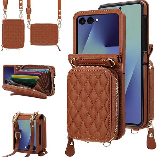 Étui portefeuille pour Samsung Galaxy Z Flip 7 anti-chute avec porte-cartes cuir et poignée