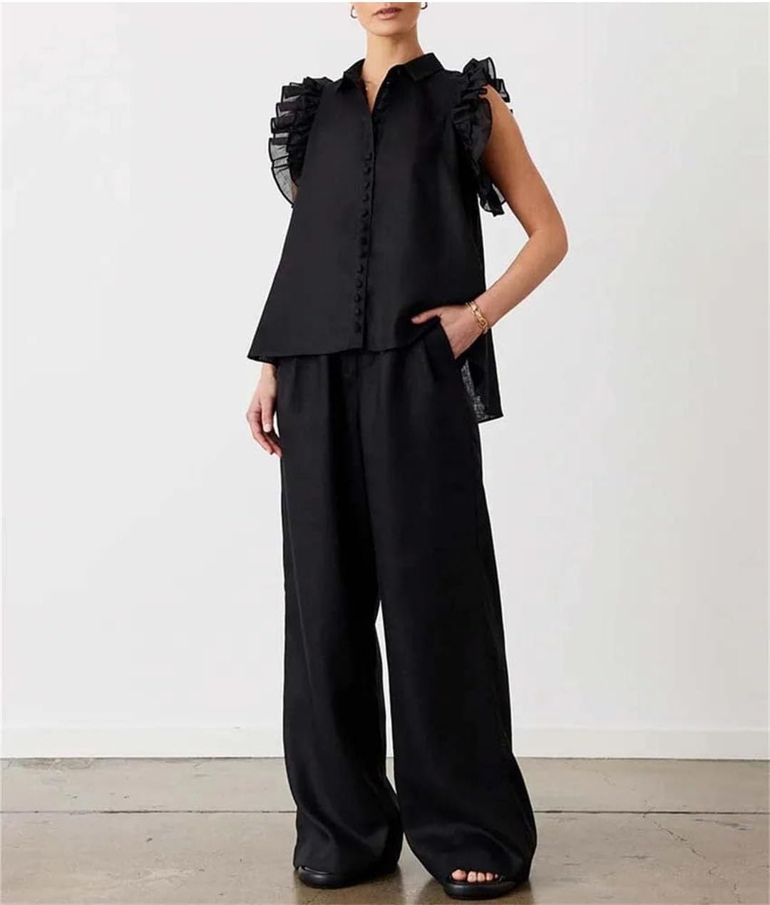 Womens Cotton 2 Piece Outfit Set Single-Breasted Sleeveless Ruffled Shitrs Trousers Sets